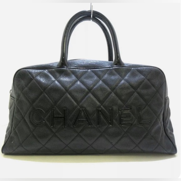 💯AUTH CHANEL LOGO SPELL OUT QUILTED CAVIAR MATALESE BOSTON BAG BLACK MEDIUM EUC - Picture 2 of 15